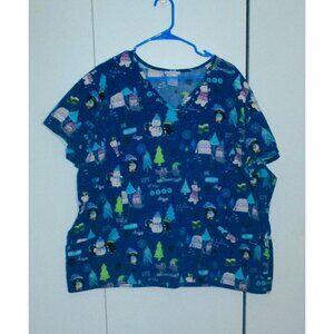 Scrub Star 3XL V-Neck Holiday Print Scrub Top Featuring Penguins Snowmen & Winte